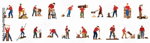 Comprehensive Set of Flat Vector Illustrations Featuring Lumberjacks Engaged in Various Forestry Activities such as Logging, Chopping, Sawing, and Tree Planting