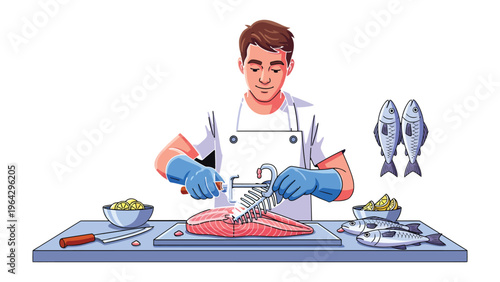 Precision Culinary Artistry: A skilled culinary expert meticulously prepares fresh seafood, employing precise techniques to showcase the art of food preparation. 
