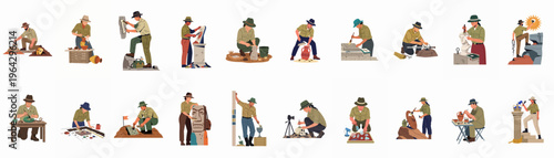Set of professional archaeologist characters performing diverse tasks like digging, cleaning artifacts, and documenting historical finds in a flat vector style.