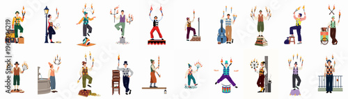 Set of illustrated vintage circus entertainers and fire jugglers performing various acts with props, isolated on a white background.