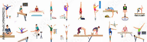 Vector illustration set of female gymnasts performing various athletic routines and poses on a balance beam, featuring handstands, splits, and championship celebrations.