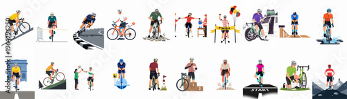 Comprehensive collection of professional cycling race illustrations in flat vector style, featuring podium celebrations, mountain climbing, sprinting, bike maintenance, and race dynamics.
