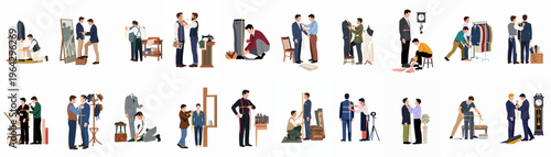 Collection of professional tailors measuring and fitting custom suits for male clients in various workshop settings, presented as vector illustrations.