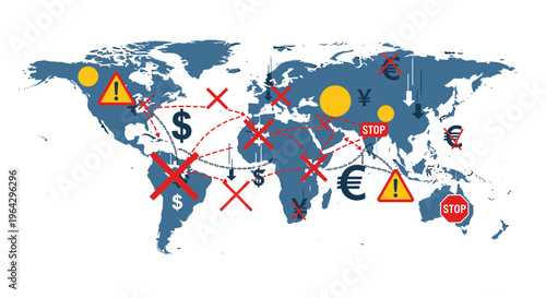 Global financial warning signs and symbols on world map connections