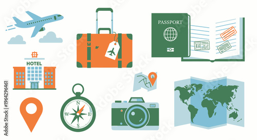 A collection of travel icons including a plane, suitcase, and map, symbolizing adventure and exploration.