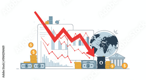 Economic downturn affects global finance with declining graph and money