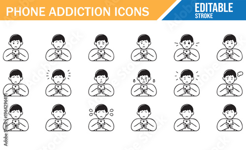 Phone addiction doodle icons set vector smartphone overuse and social media dependence