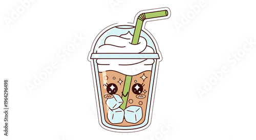 A cartoon illustration of a cold coffee drink with whipped cream and a straw viewed from the side.