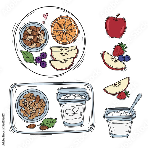Healthy breakfast snacks including yogurt with nuts and fresh fruit on plate and tray in hand drawn doodle style for wellness content and nutritional infographics.