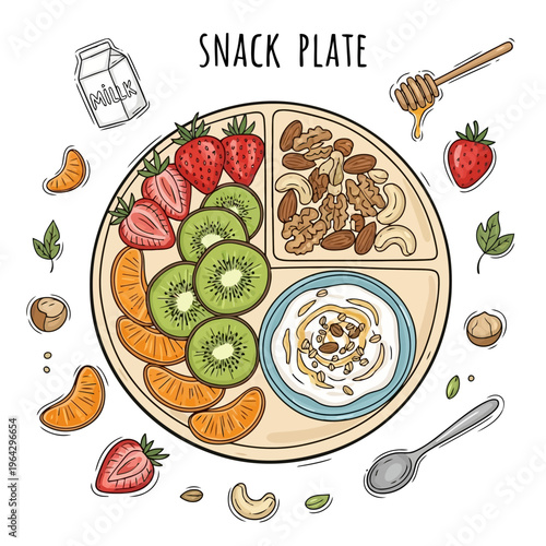 Colorful snack plate illustration featuring kiwi strawberries orange slices nuts and yogurt bowl with honey and oats for healthy lifestyle and nutrition concept art.