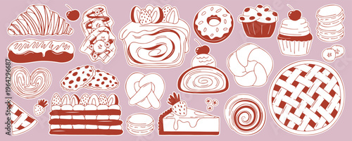 Minimalist vector sticker set of popular desserts in red line style. Hand drawn elements collection with donut, macaron, mille feuille, croissant, eclair, strudel, pastries for bakery, cafe design