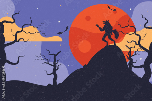 Silhouette of a werewolf howling at a large red moon in a spooky forest
