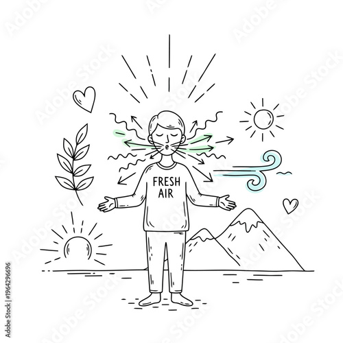 Breathing deep for wellness and healthy lifestyle illustration with character exhaling fresh air in nature landscape with mountains sun and plants for meditation use.