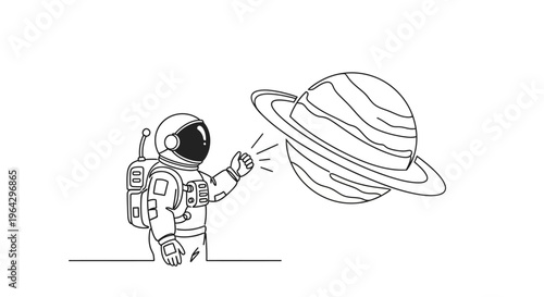 Astronaut Touching Planet Ringed Space Exploration Line Art