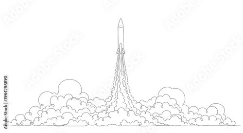 Rocket Launching, Space Exploration, Blast Off into Sky, Clouds, Minimalist Line Art