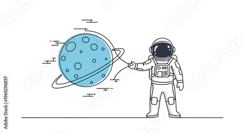 Astronaut exploring a distant blue planet with rings in outer space, vector illustration