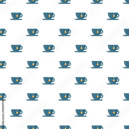 Repeating pattern of blue tea cups with teabags on a white background