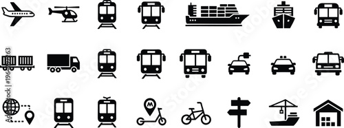 Global transportation and logistics vector icon set featuring airplanes buses trains cars ships and public transit symbols.