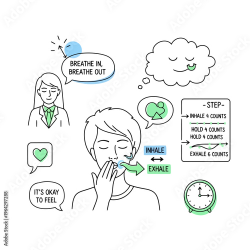 Breathing techniques infographic for stress management and anxiety relief featuring cartoon characters and step by step guide for deep abdominal breathing methods today.