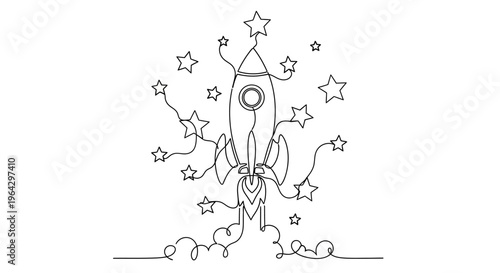 Continuous line drawing of a rocket launching amidst stars and smoke, abstract art.