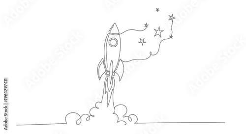 Single line drawing of a rocket launching into space with stars
