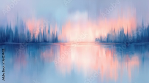 Abstract Impressionistic Landscape With Soft Twilight Hues Reflected On A Tranquil River