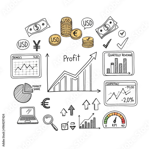Hand drawn business finance icons profit chart graph money currency laptop pie chart statistics and analysis elements on white background vector illustration.