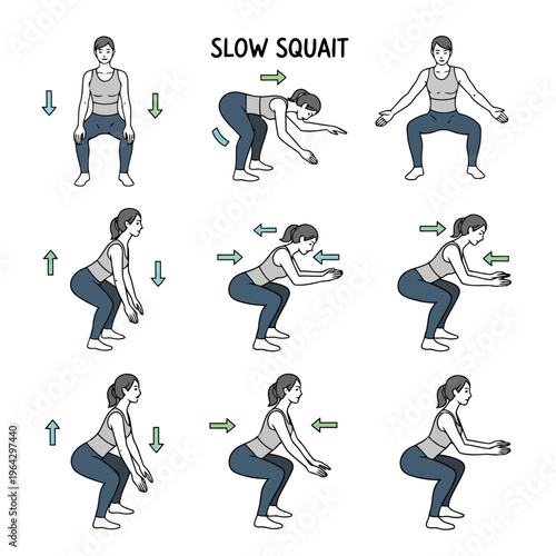 Person performing slow squat exercise demonstrating proper form for fitness routine with directional arrows indicating movement and muscle engagement vector illustration.