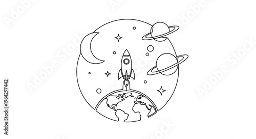 Rocket Launching From Earth into Space with Planets and Moon - Outline Illustration