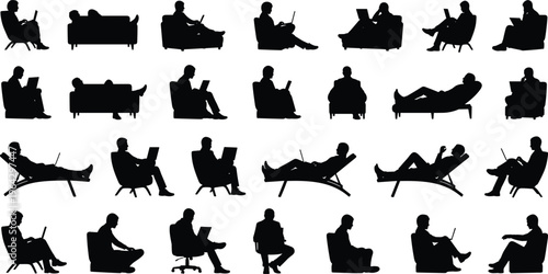 Sitting and reclining people silhouettes vector set featuring men and women in various relaxed and professional poses for architectural visualization.