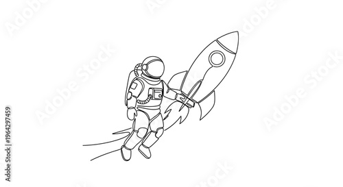 Astronaut Flying With Rocket Ship, Space Exploration Concept, Line Art