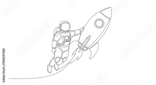 Astronaut riding a rocket ship in space, continuous line drawing style