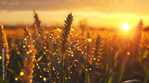 Advanced AI network overlaying a golden wheat field at sunset, symbolizing predictive agriculture and future crop yield optimization.