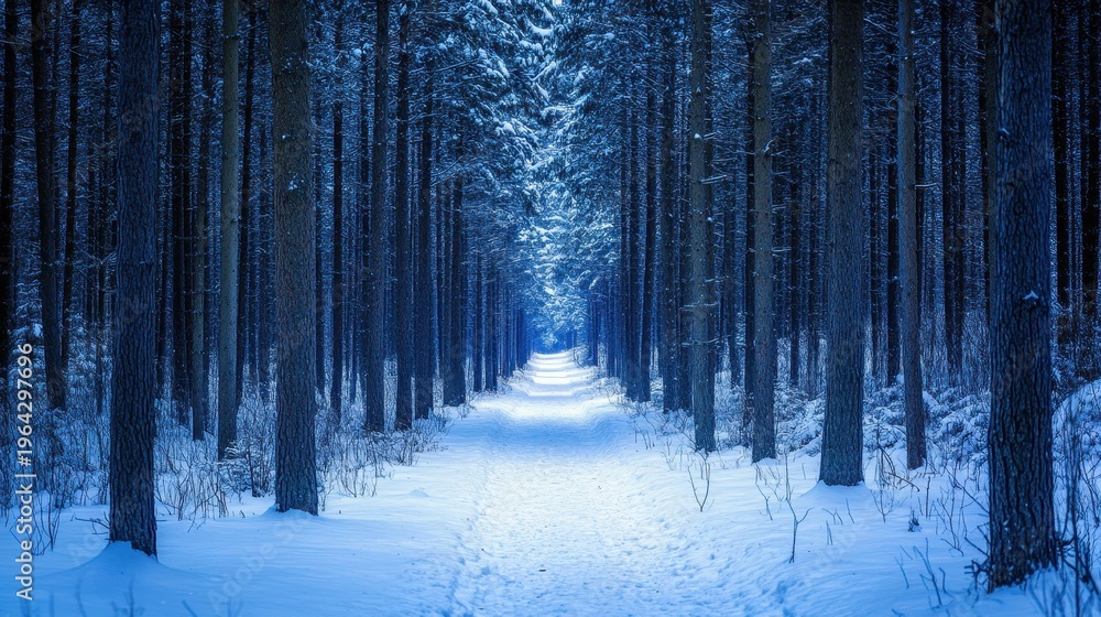 Fototapeta premium A serene winter forest path covered in snow, with tall trees lining the way and soft light illuminating the journey ahead.