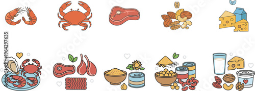 Zinc rich healthy food sources vector set featuring seafood red meat seeds legumes nuts and dairy products for balanced nutrition.