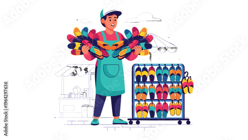 Colorful Shoes Vendor Illustration: A vibrant illustration depicts a cheerful vendor proudly showcasing a collection of colorful shoes, radiating a sense of local business and everyday commerce.