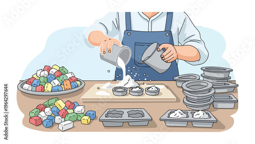 Artisan's Craftsmanship: A dedicated artisan meticulously pours a powdery substance into molds, surrounded by colorful blocks and metal rings, showcasing the art of creation and precision.