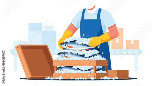 Fish Packaging Process: A diligent worker in protective gear carefully arranges fresh fish within wooden crates, meticulously preparing them for distribution and sale.