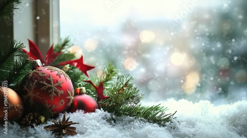 Christmas Ornaments and Snowy Window with Bokeh Lights