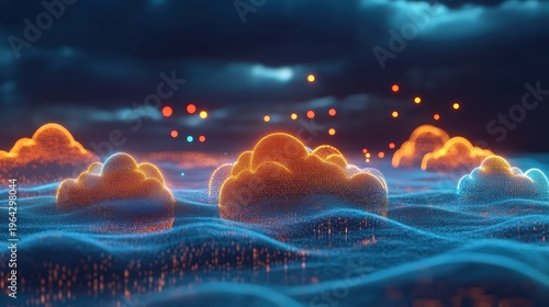 Abstract glowing clouds and data streams represent futuristic cloud computing and multi-cloud integration technology