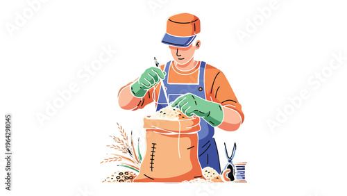 Harvest Work: A farmer dressed in overalls works diligently, filling a sack with harvested grain. The image captures the essence of hard work and the yield of the land.