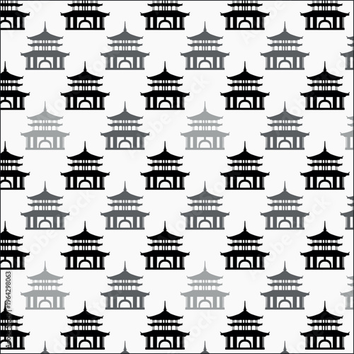 Minimalist silhouette of a Chinese pagoda on a white background in the style of Chinese folklore, seamless pattern.