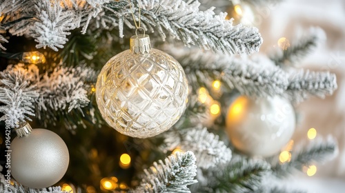 Close-up of a delicate glass Christmas ornament with intricate patterns hanging on a snowy evergreen branch, illuminated by soft twinkling lights.