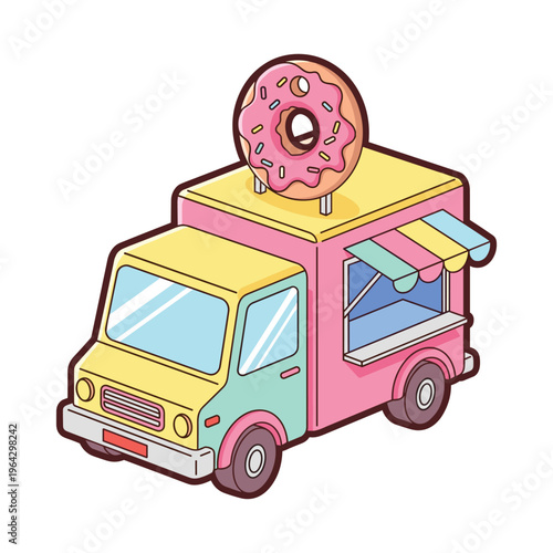 Cute Donut Food Truck - Kawaii Style Vector Illustration