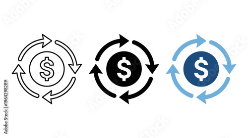 Money and finance icon with dollar symbol and circular arrows. Symbol of cash flow, financial circulation, transactions and revenue cycle. Ideal for banking, payments, investments, accounting systems