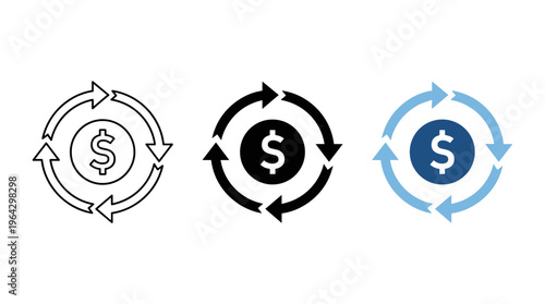 Money and finance icon with dollar symbol and circular arrows. Symbol of cash flow, financial circulation, transactions and revenue cycle. Ideal for banking, payments, investments, accounting systems