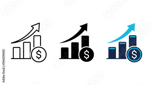 Financial growth icon with rising bar chart, upward arrow and dollar coin. Concept of profit increase, revenue growth, income, investment success and financial performance.