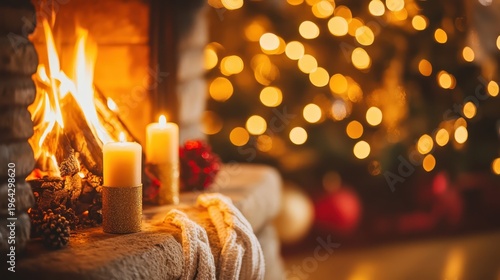 Cozy Christmas fireplace scene with glowing candles and festive holiday decorations creating a warm and inviting atmosphere