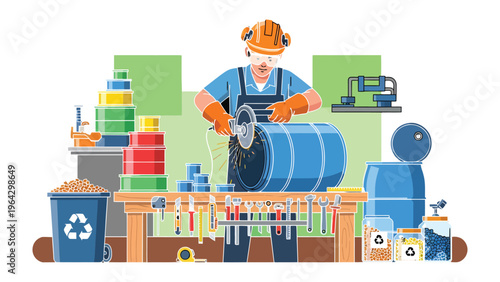 Industrial Artisan at Work: An artisan meticulously cuts into a barrel, his actions a testament to precision and skill, within a dynamic industrial environment.