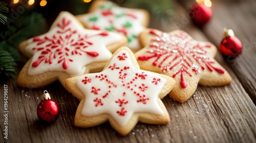 Delicious star-shaped Christmas cookies artfully decorated with white icing red details and festive sprinkles on a rustic wooden surface